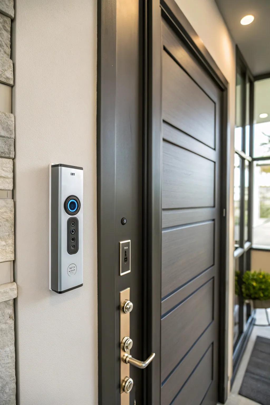 A door featuring a tech-inspired doorbell chime for a personalized touch.