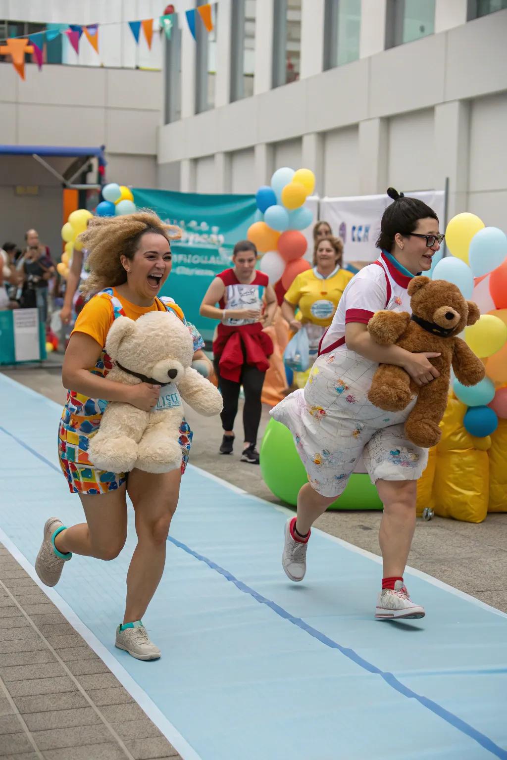 A diaper exchange activity with cuddly bears adds laughter to the event.