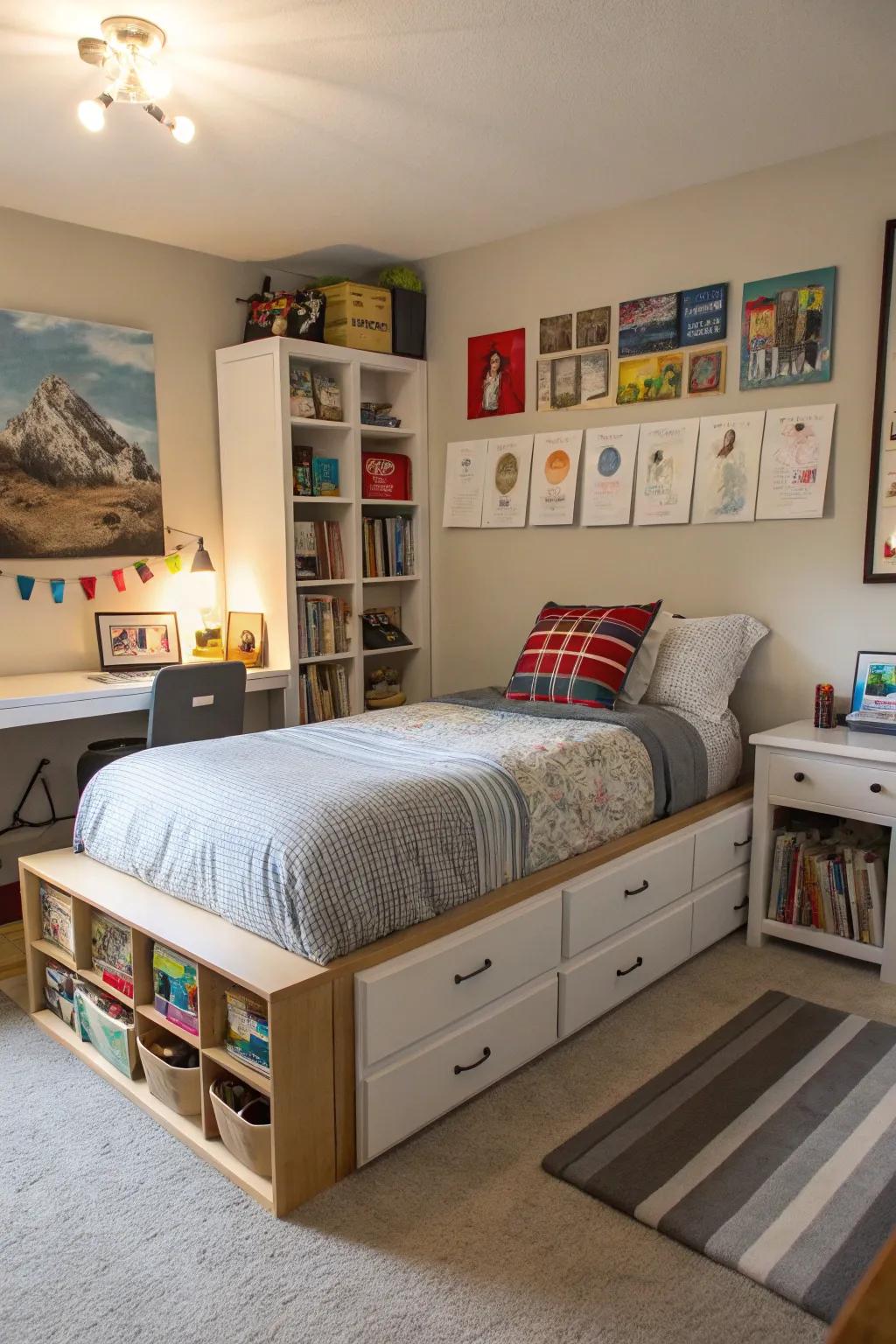 Concealed storage maintains the space orderly and organized.