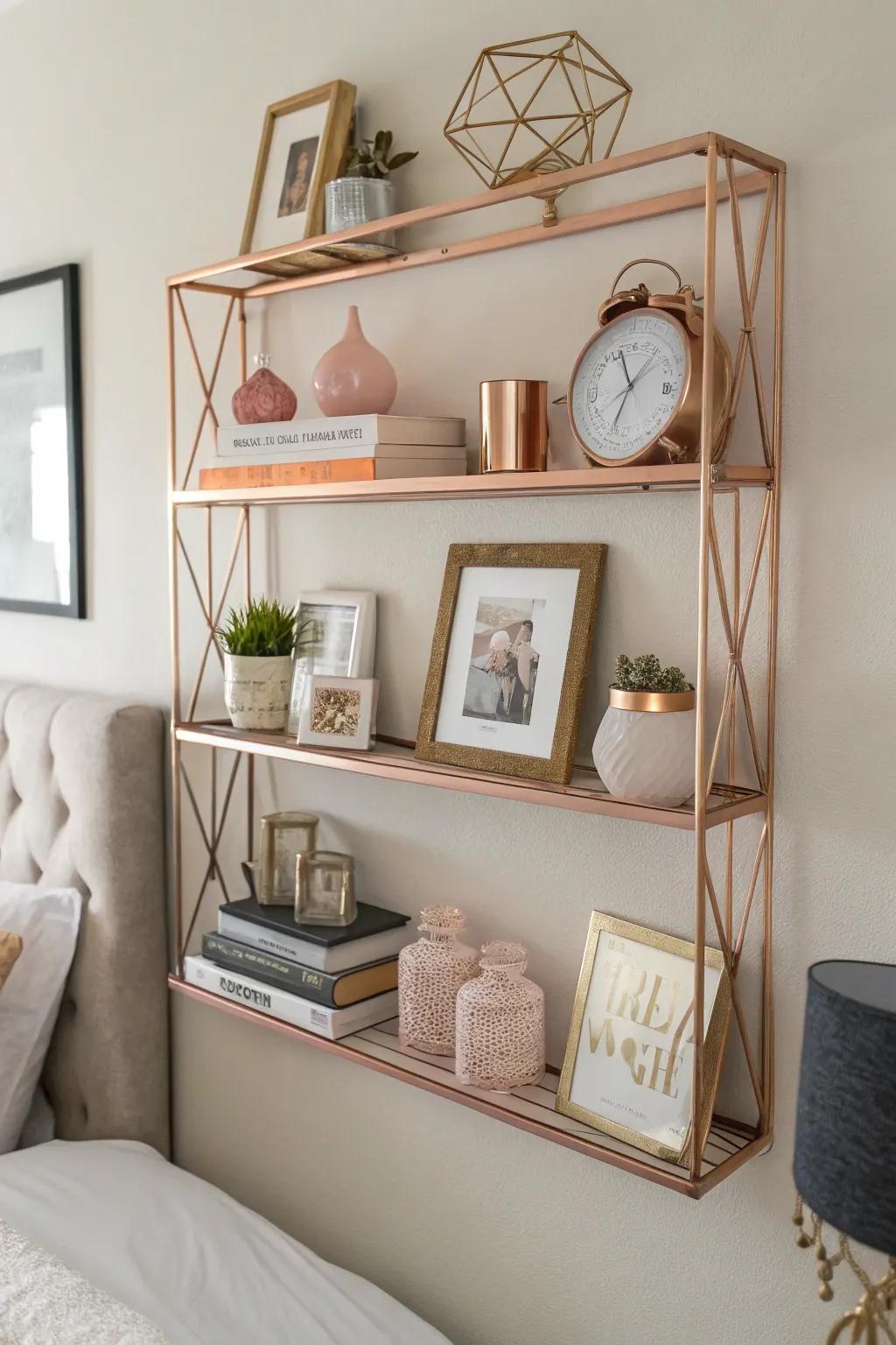 Rose gold mounted shelves offer stylish and functional storage.