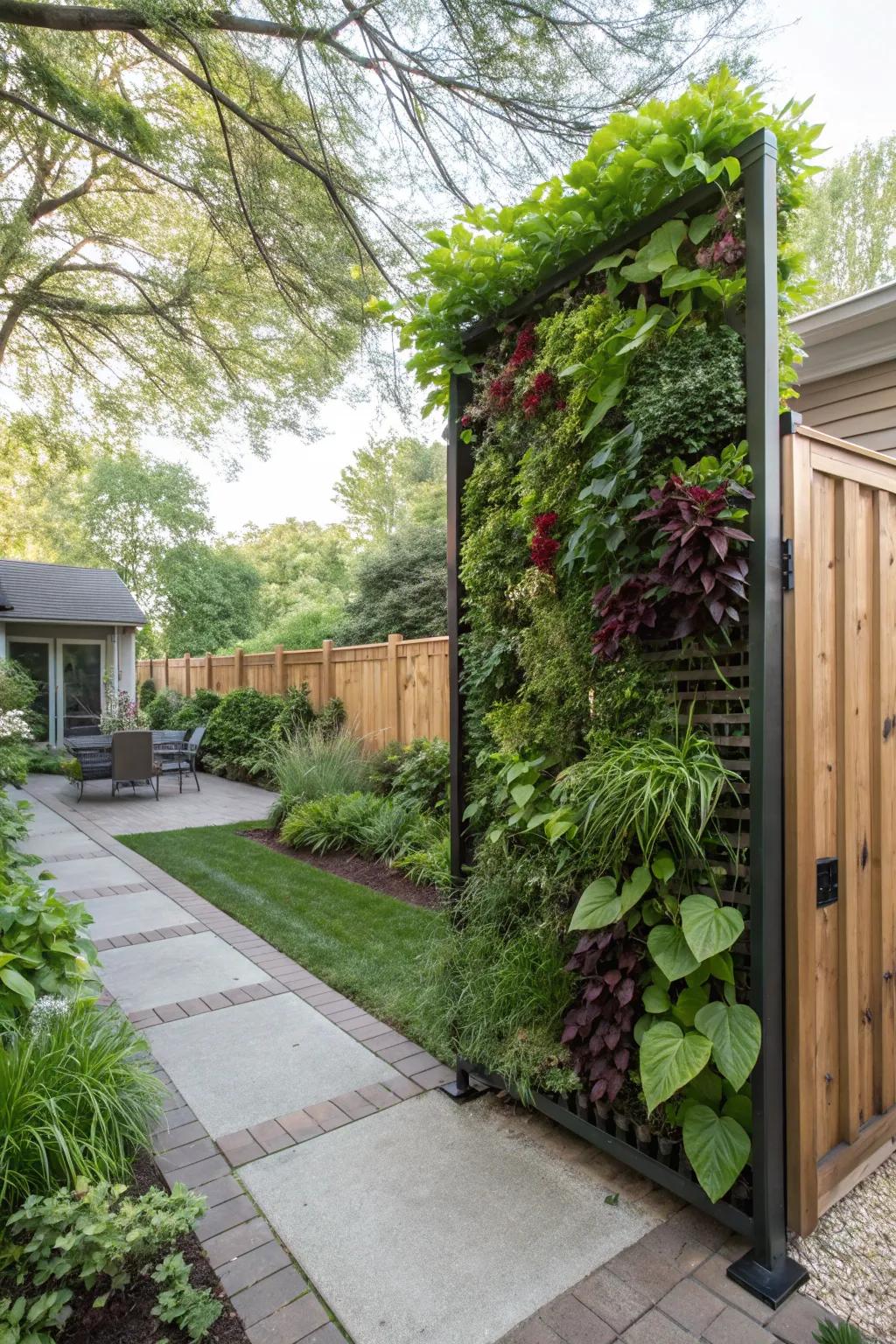 Upright garden displays offer privacy and greenery in one.