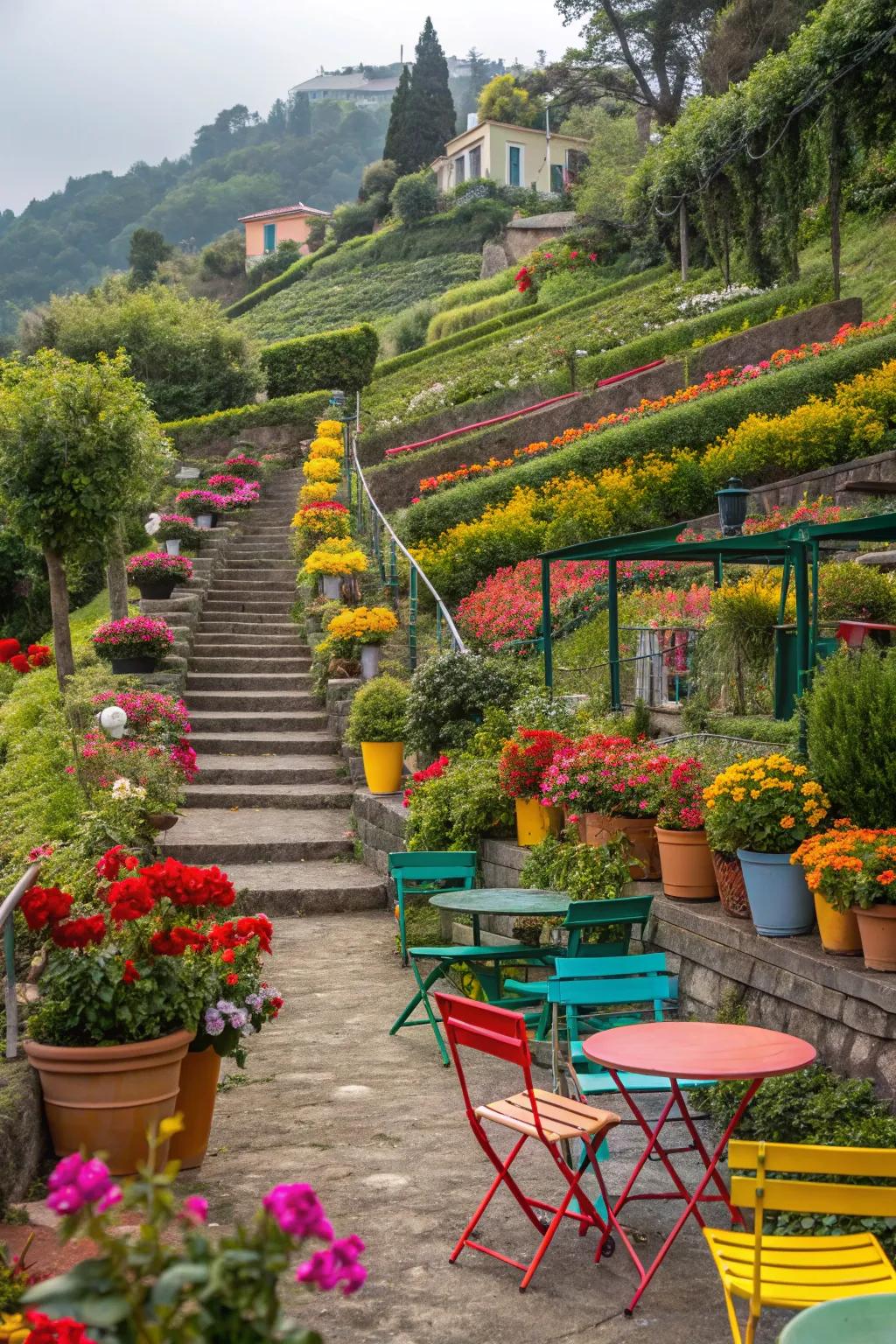 Bold color highlights in a terraced garden, adding energy and vibrancy to the space.