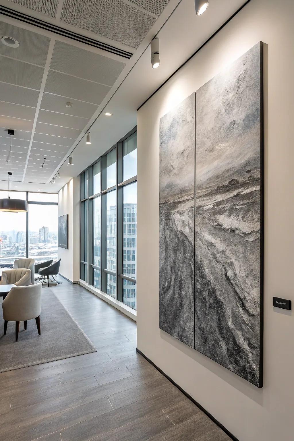 A painting with texture and one color adds charm to this modern office.