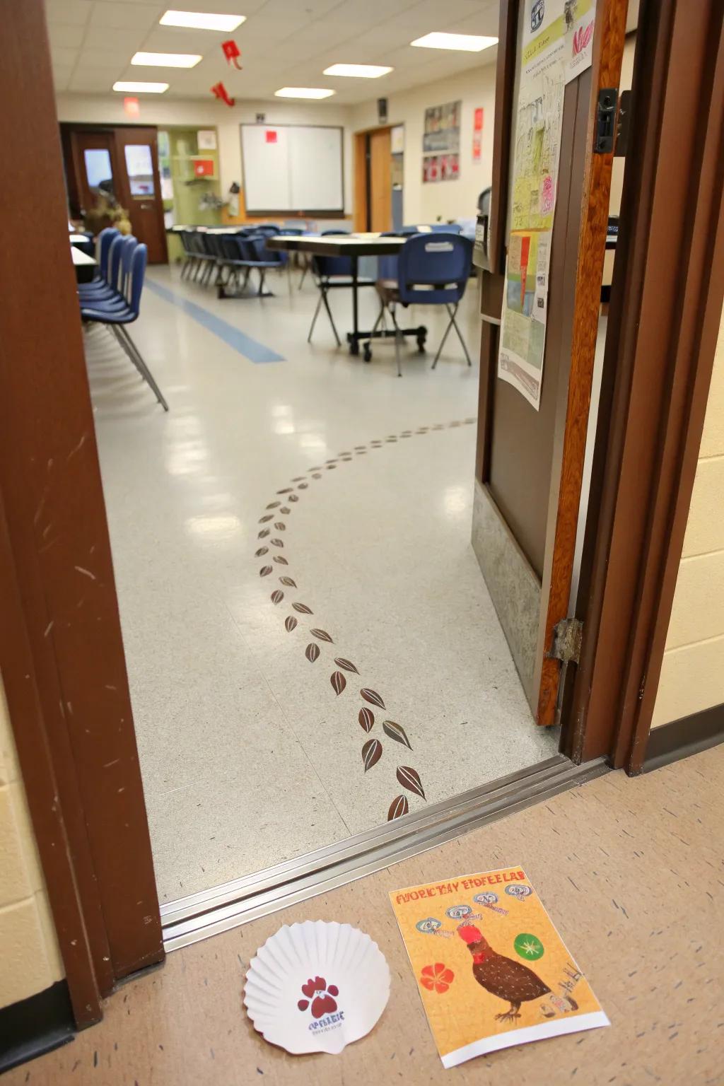 A playful Turkey Tracks door exhibit welcoming students.