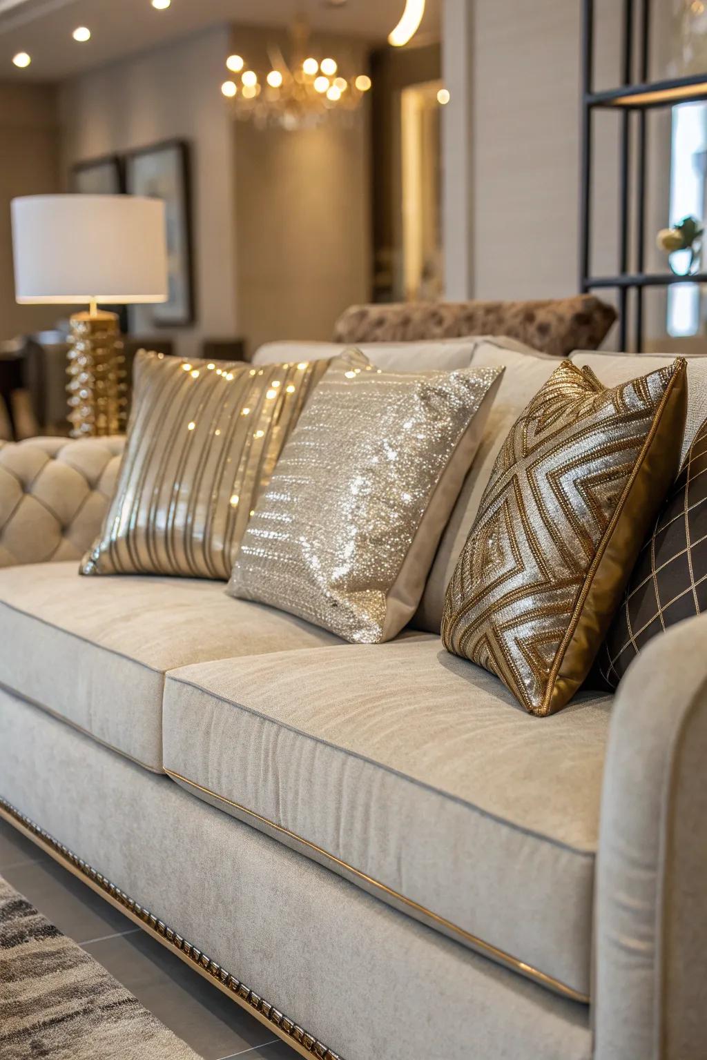 Glamorous metallic accents on accent pillows for a touch of luxury.