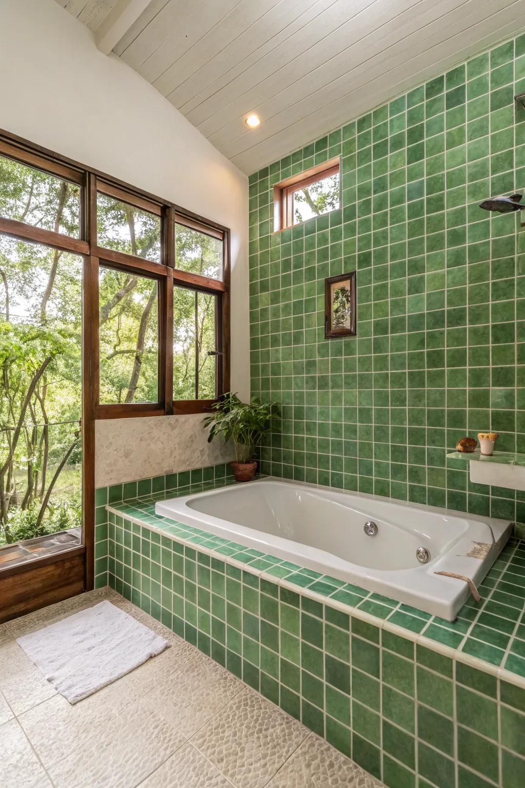 Green tiles bring a natural, refreshing touch to your bathtub area.
