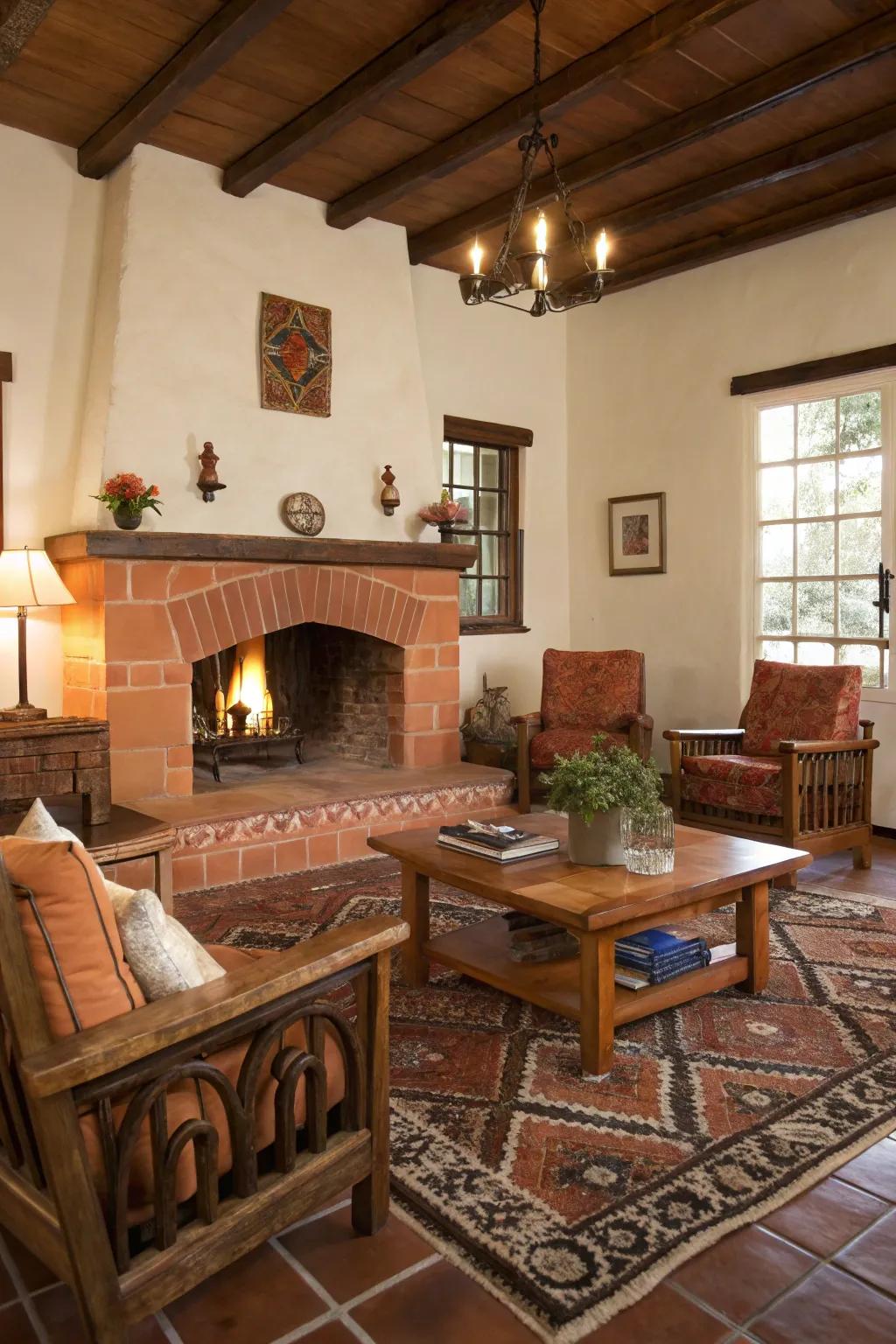 Terracotta panels create a warm and inviting fireplace atmosphere.