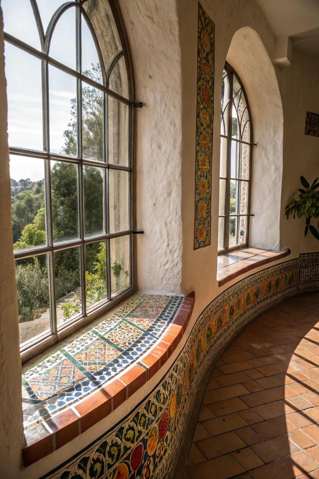 Curved tiled window sills create a unique architectural feature that stands out.