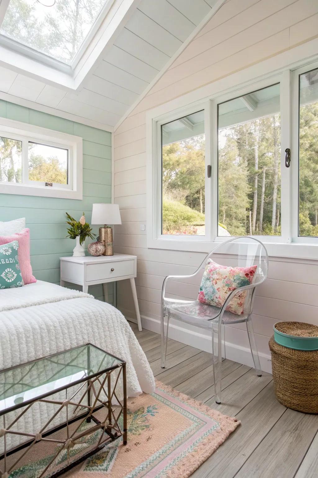 Transparent furniture maintaining an open and airy feel in the bedroom.