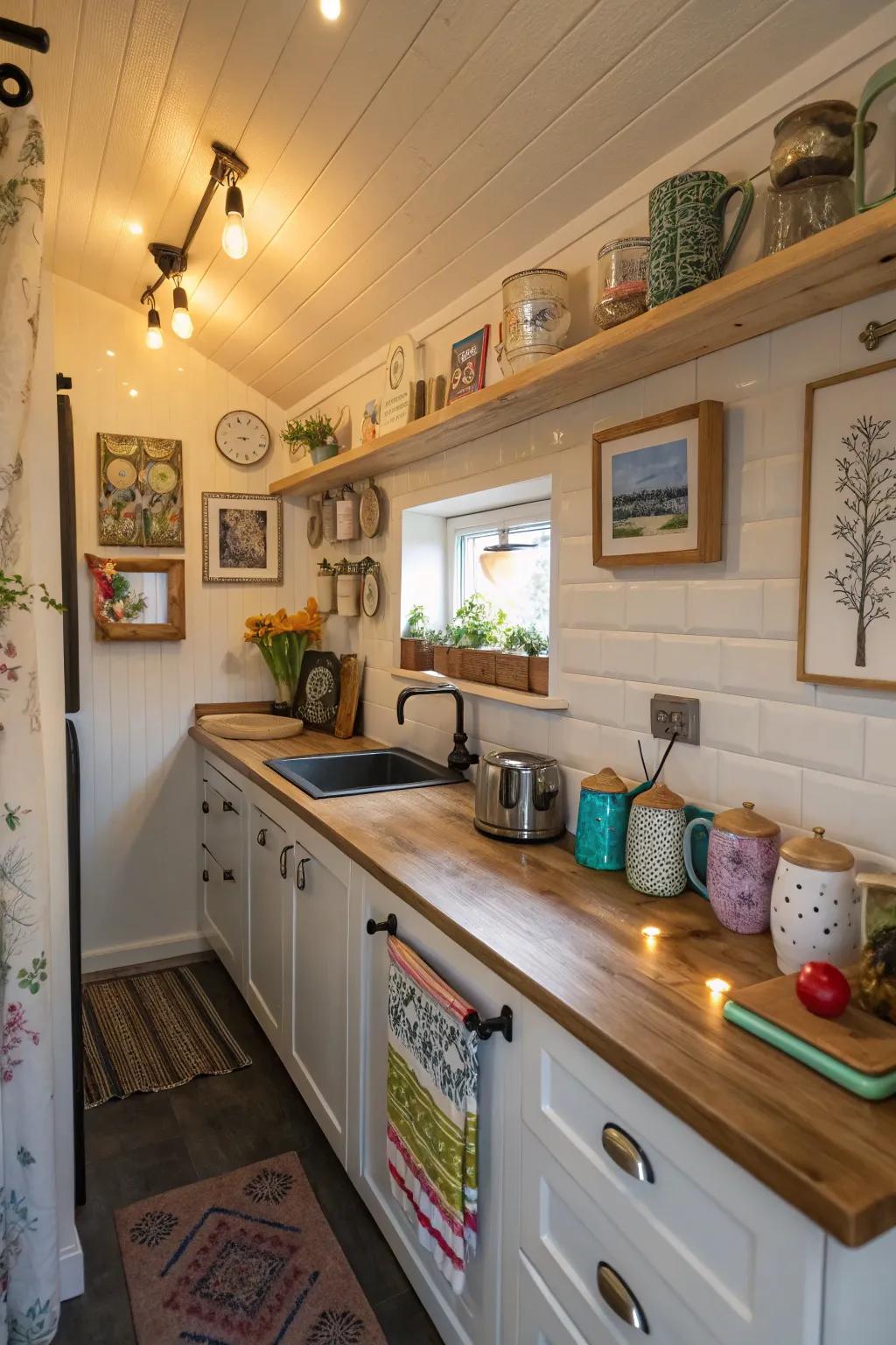 Personalized ornamentation imparts coziness and self-expression to a small cooking space.