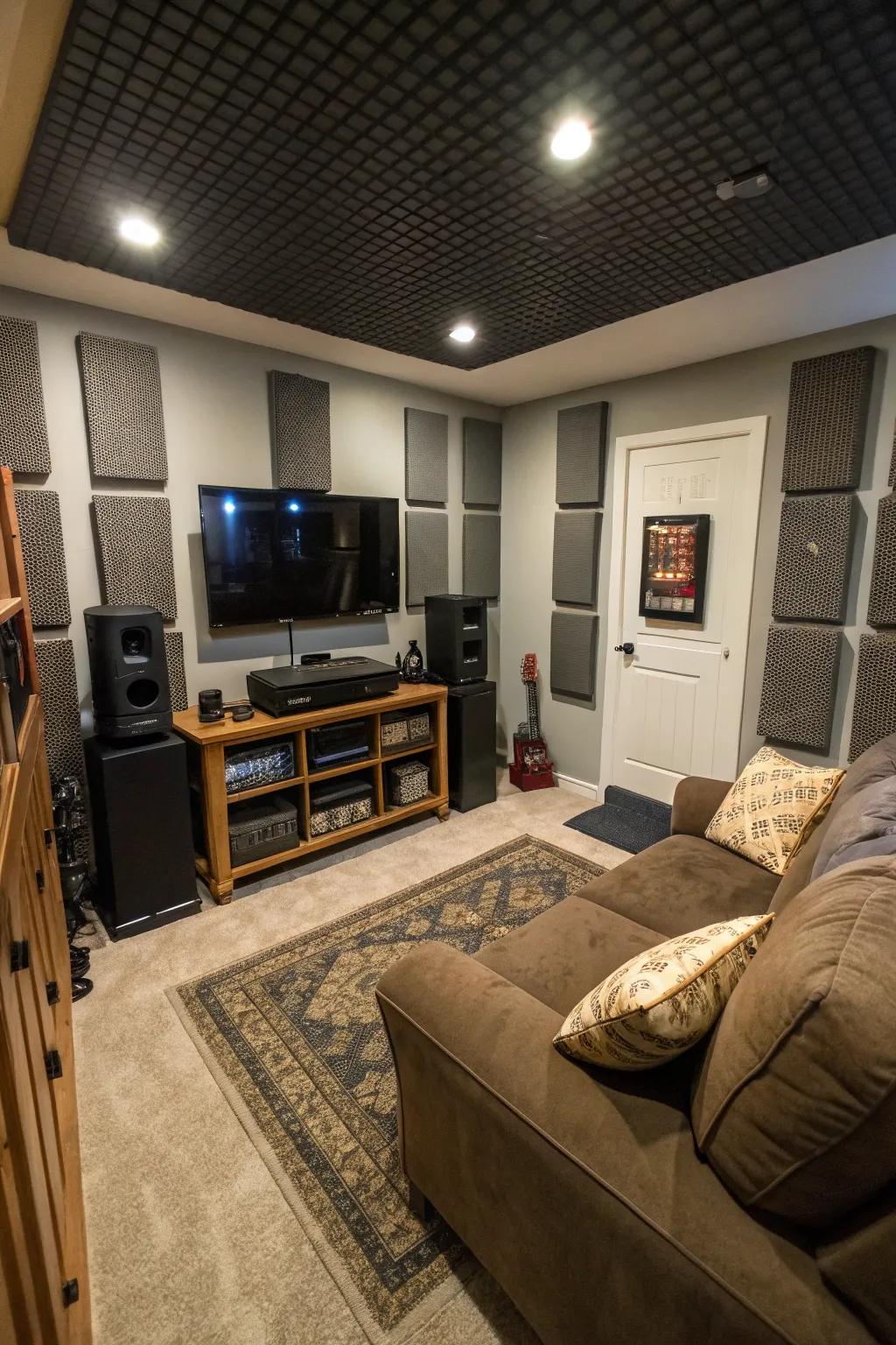 Acoustic panels enhance sound and add style to a compact personal haven.