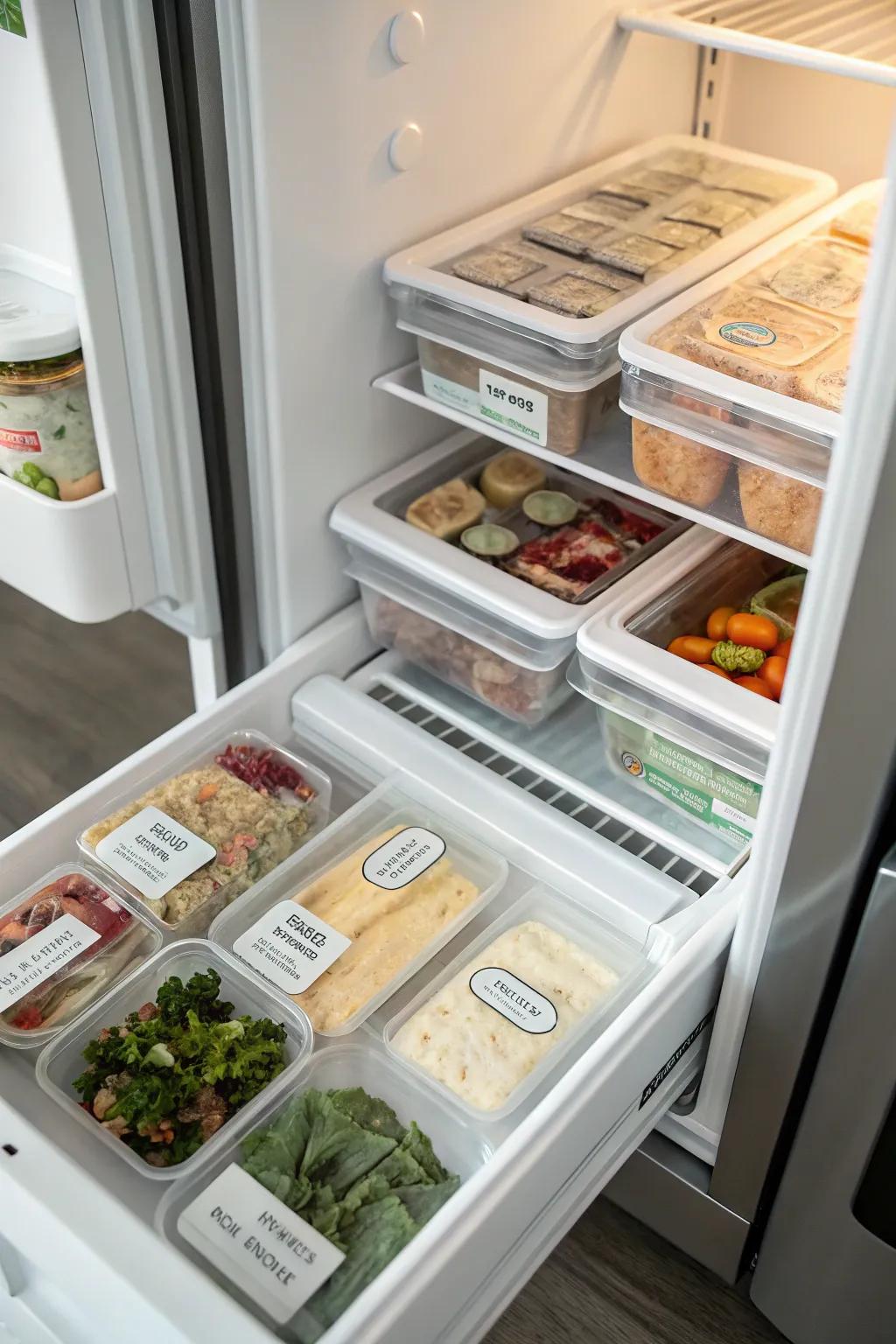 Organized section in a top freezer, dedicated to quick meal options for simple access.