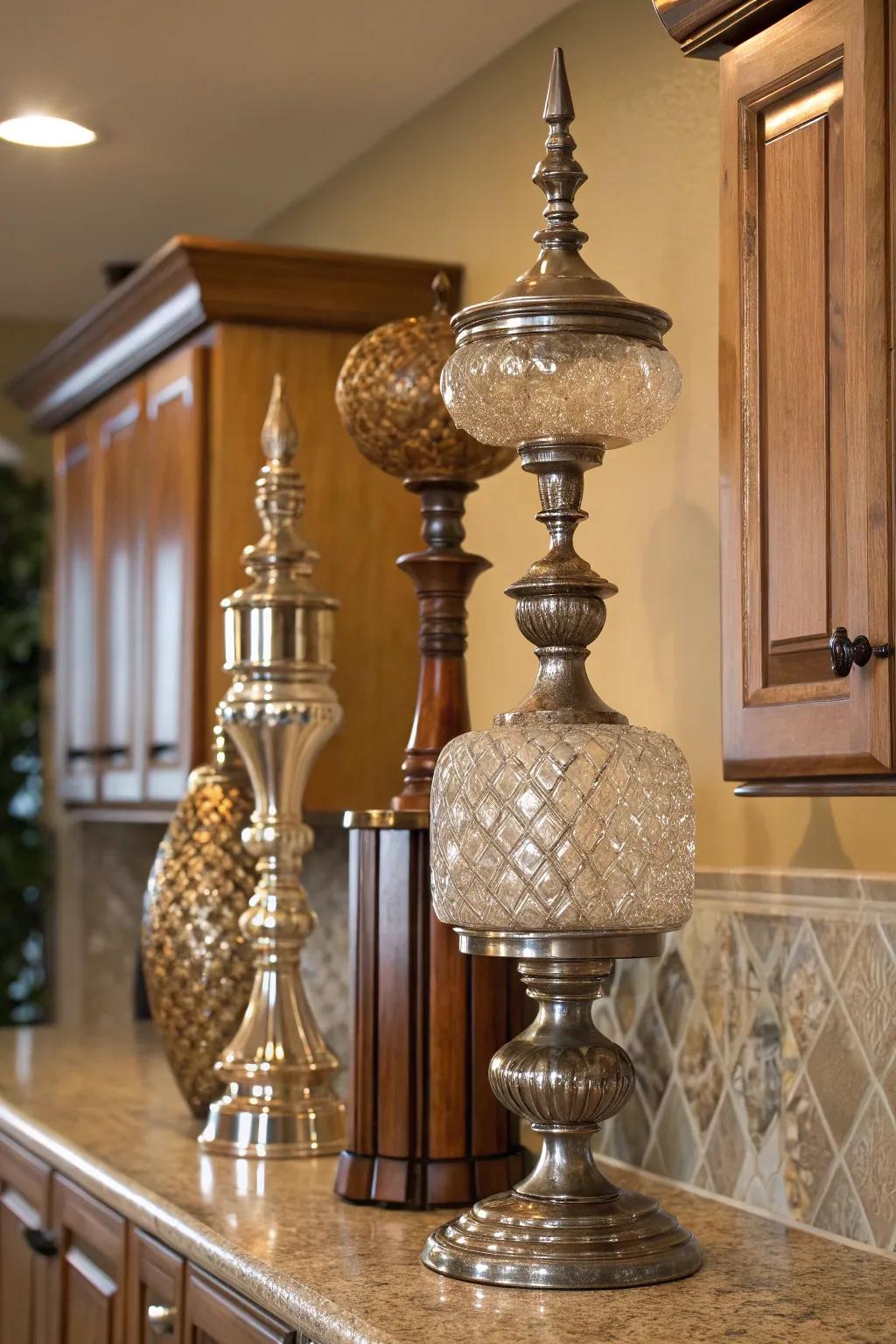 Layer varied materials to achieve a textured appearance above your cabinets.