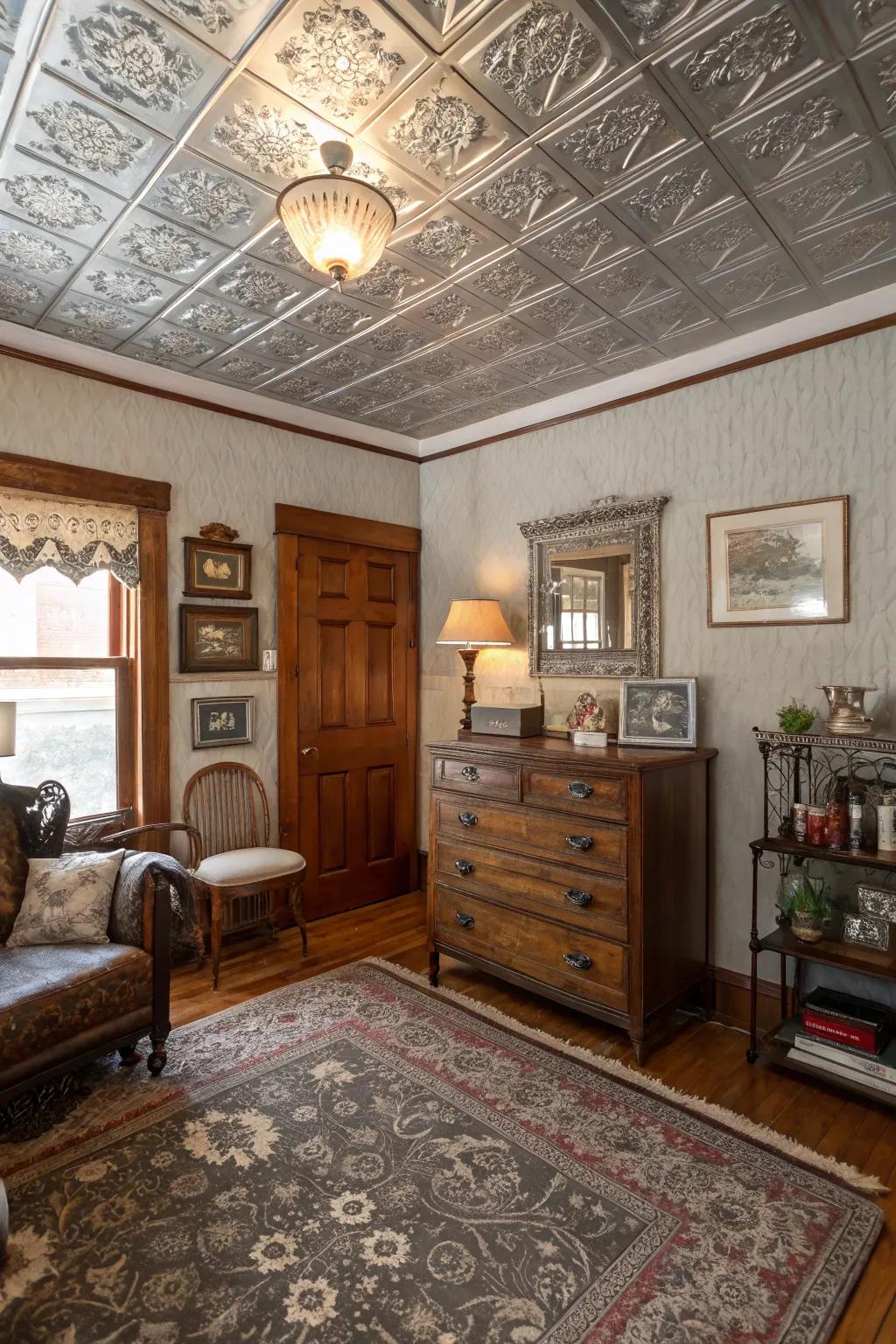 A vintage-inspired room enriched by a tray ceiling ornamented with metal tiles.