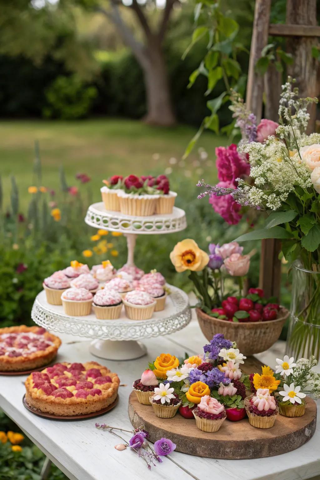 Treats adorned with consumable petals at a garden soiree.