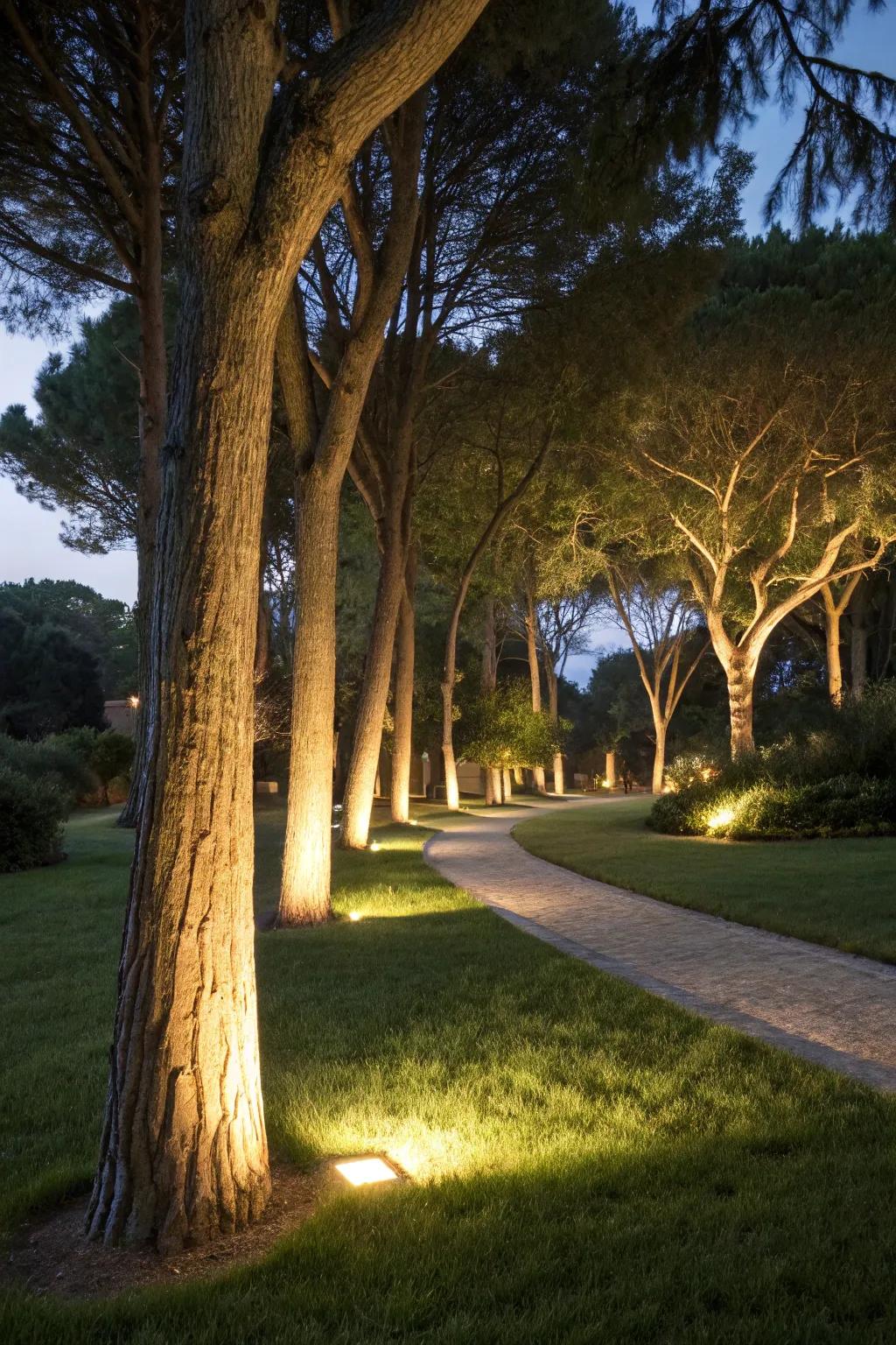 Ground lights impart refinement by accentuating tree bases.