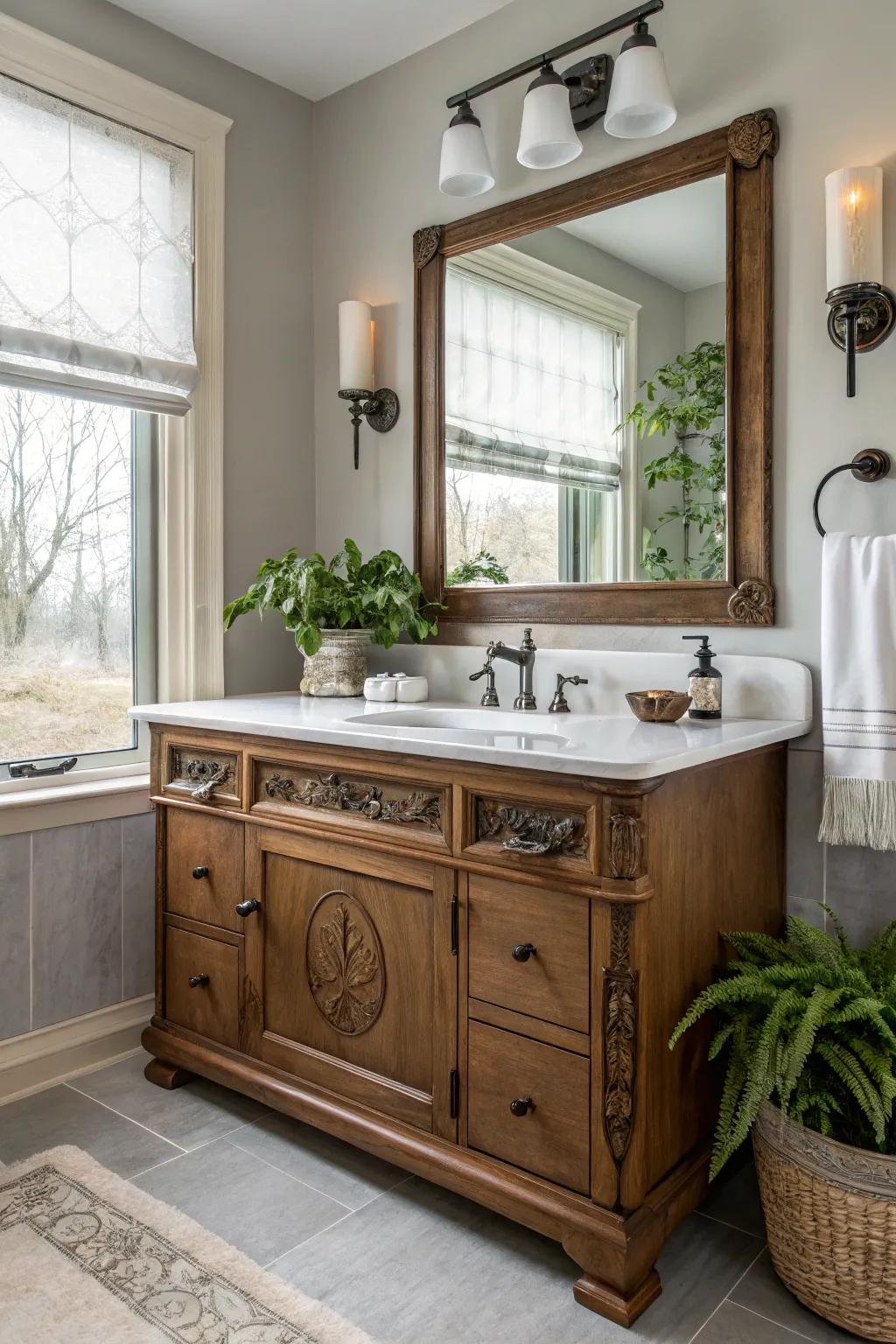 A bathroom vanity blending classic charm with modern elements for a distinctive look.