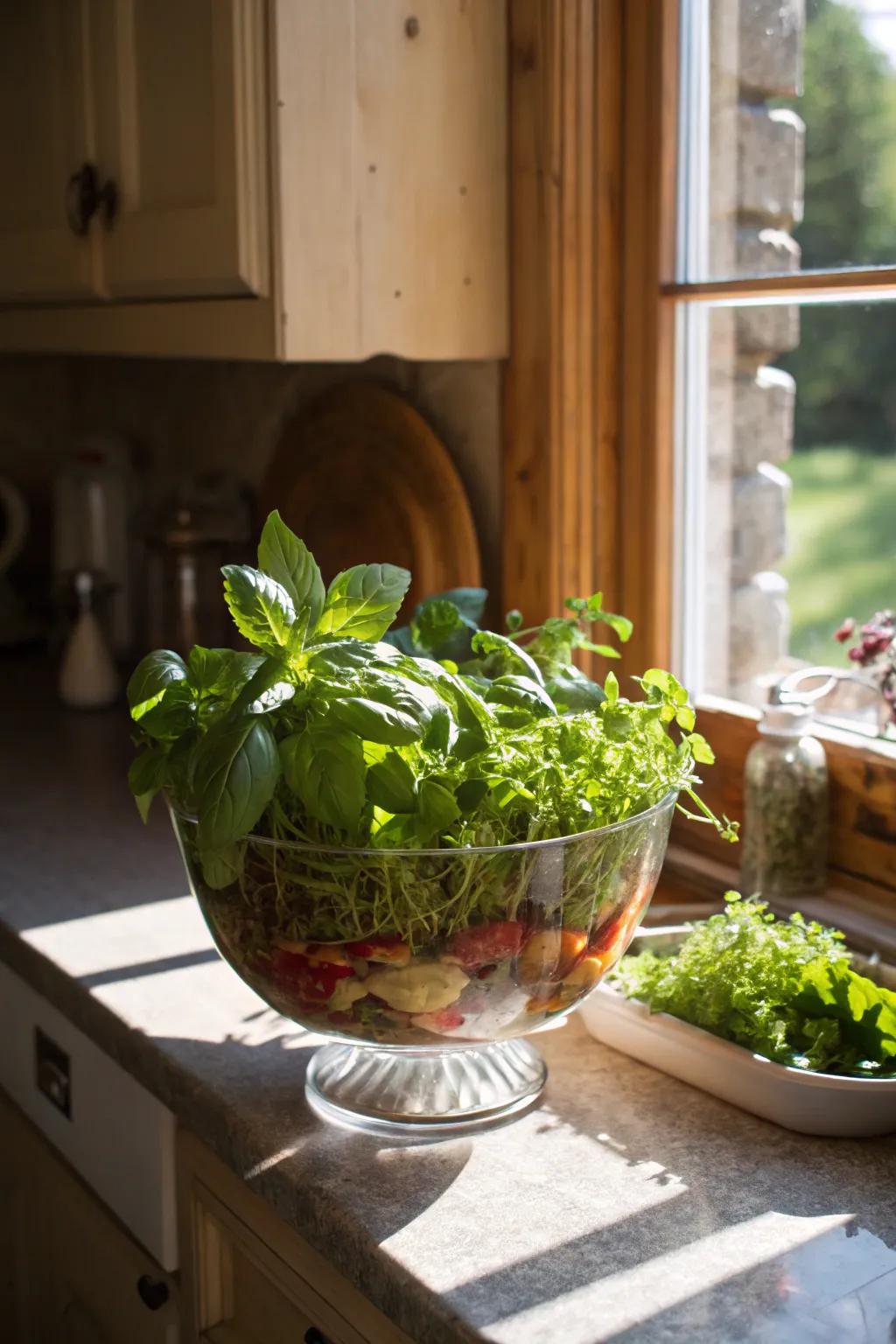 A presentation bowl functioning as a lush herb planter.