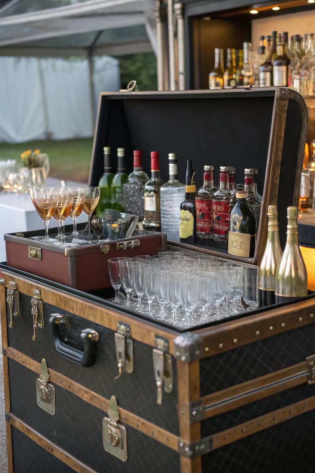 A trunk transforms into a whimsical bar station, injecting joy into any gathering.