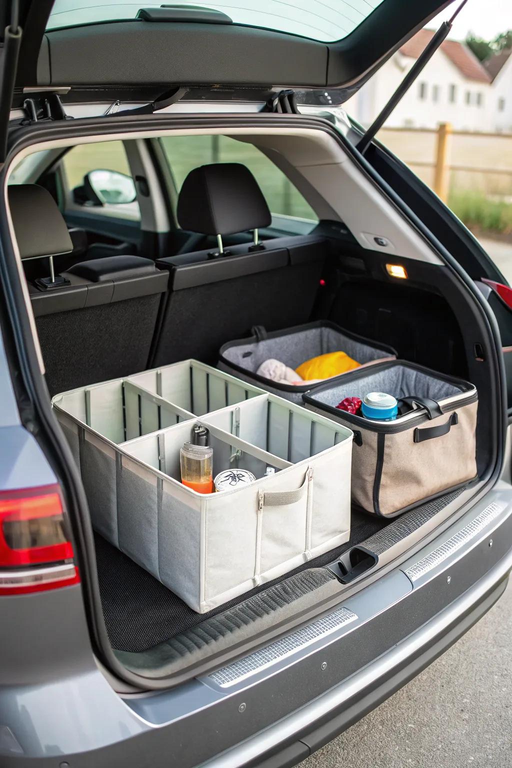 Customizable sectional organizers for flexible trunk storage solutions.