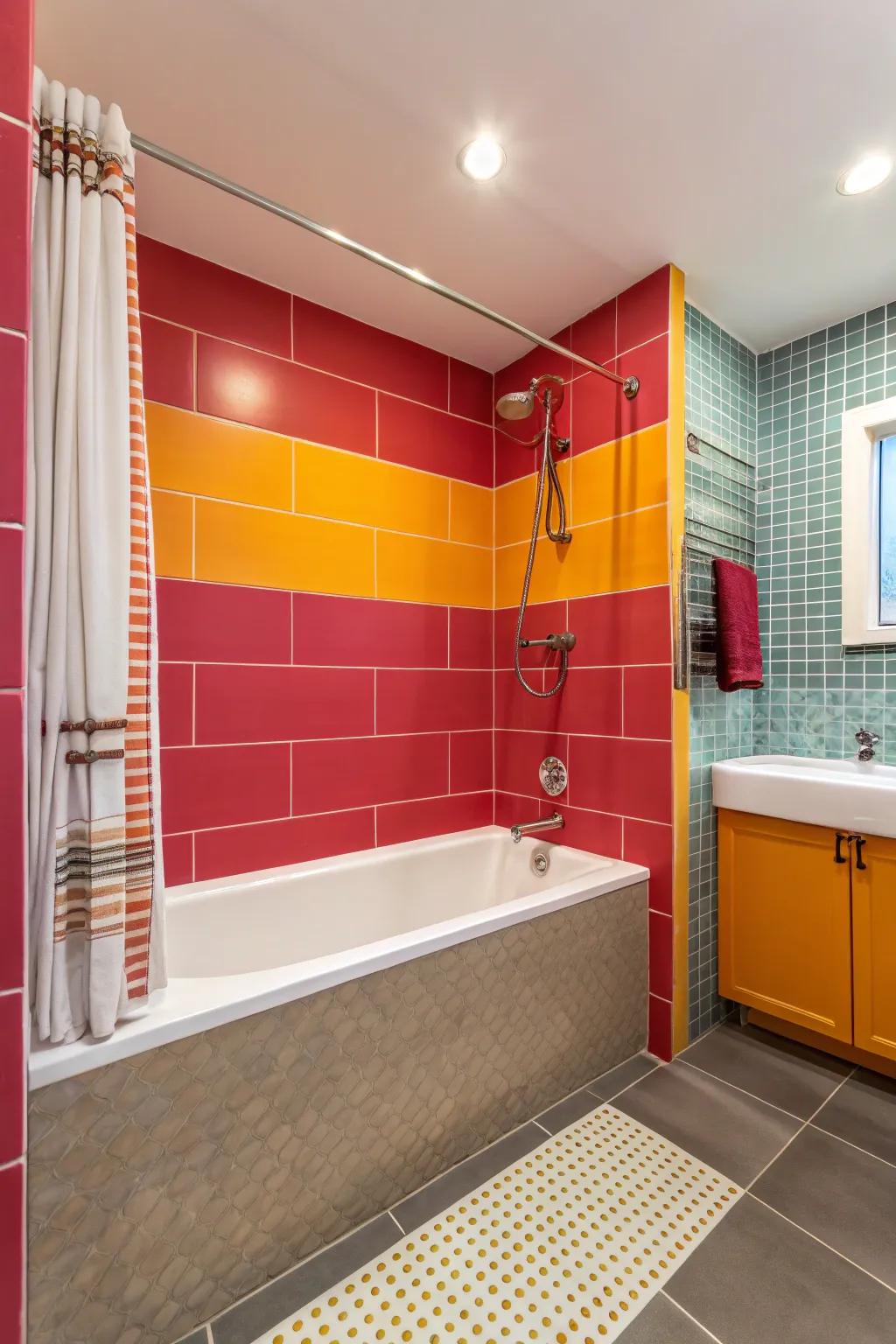 Striking shade divergences create a dynamic look in this bathroom.