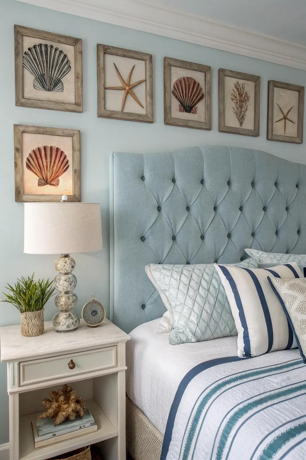 A coastal bedroom showcasing a serene tufted headboard.