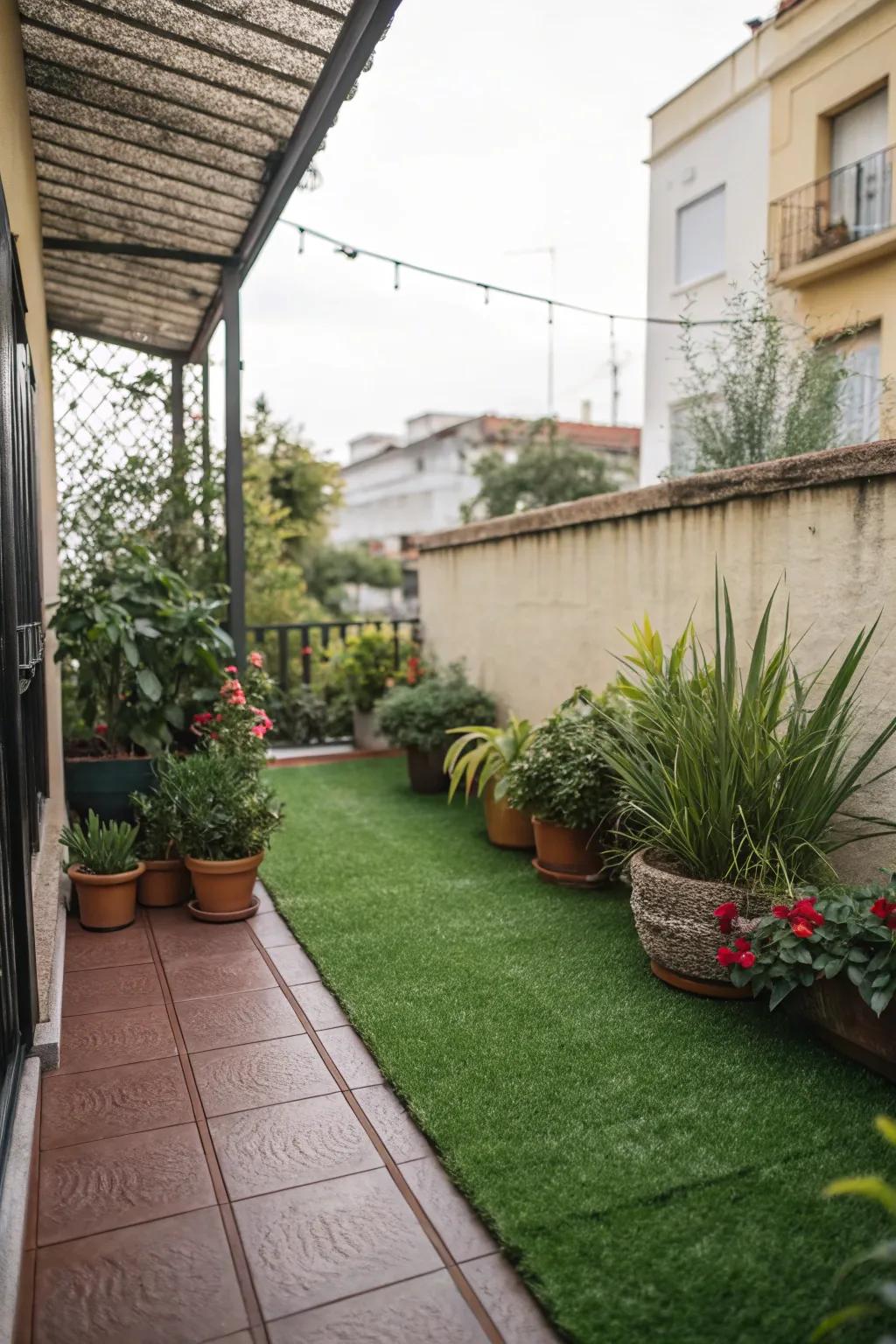 A smaller patio undergoes transformation via lush turf installation.