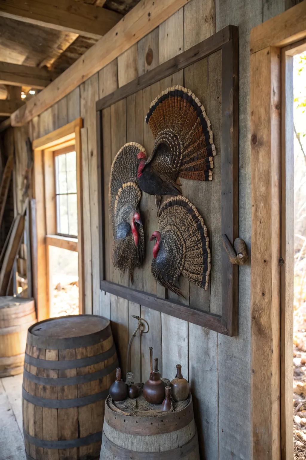 An unrefined barnwood board exhibiting turkey trophies.