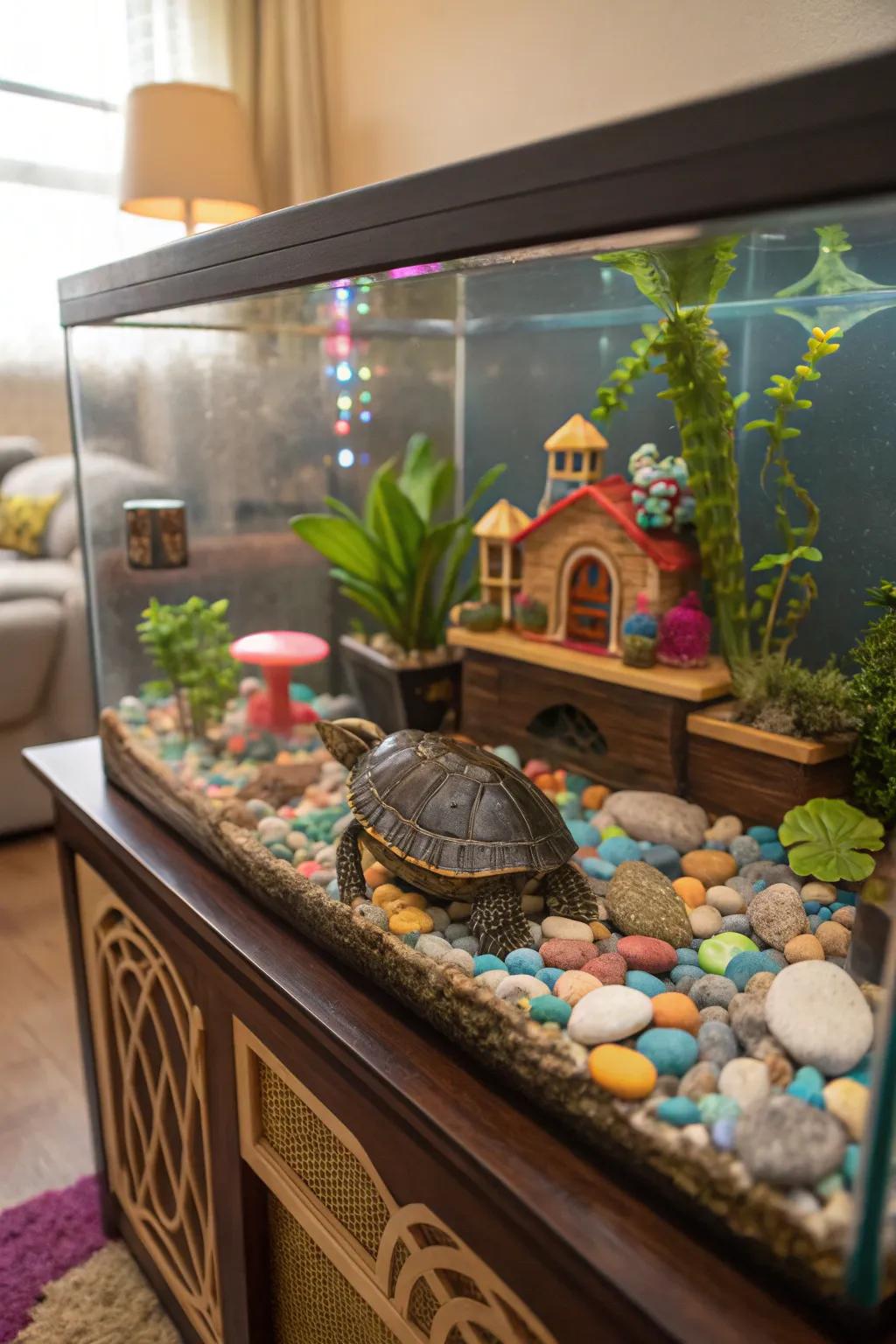 A varied décor mix crafts a unique and personalized turtle tank.