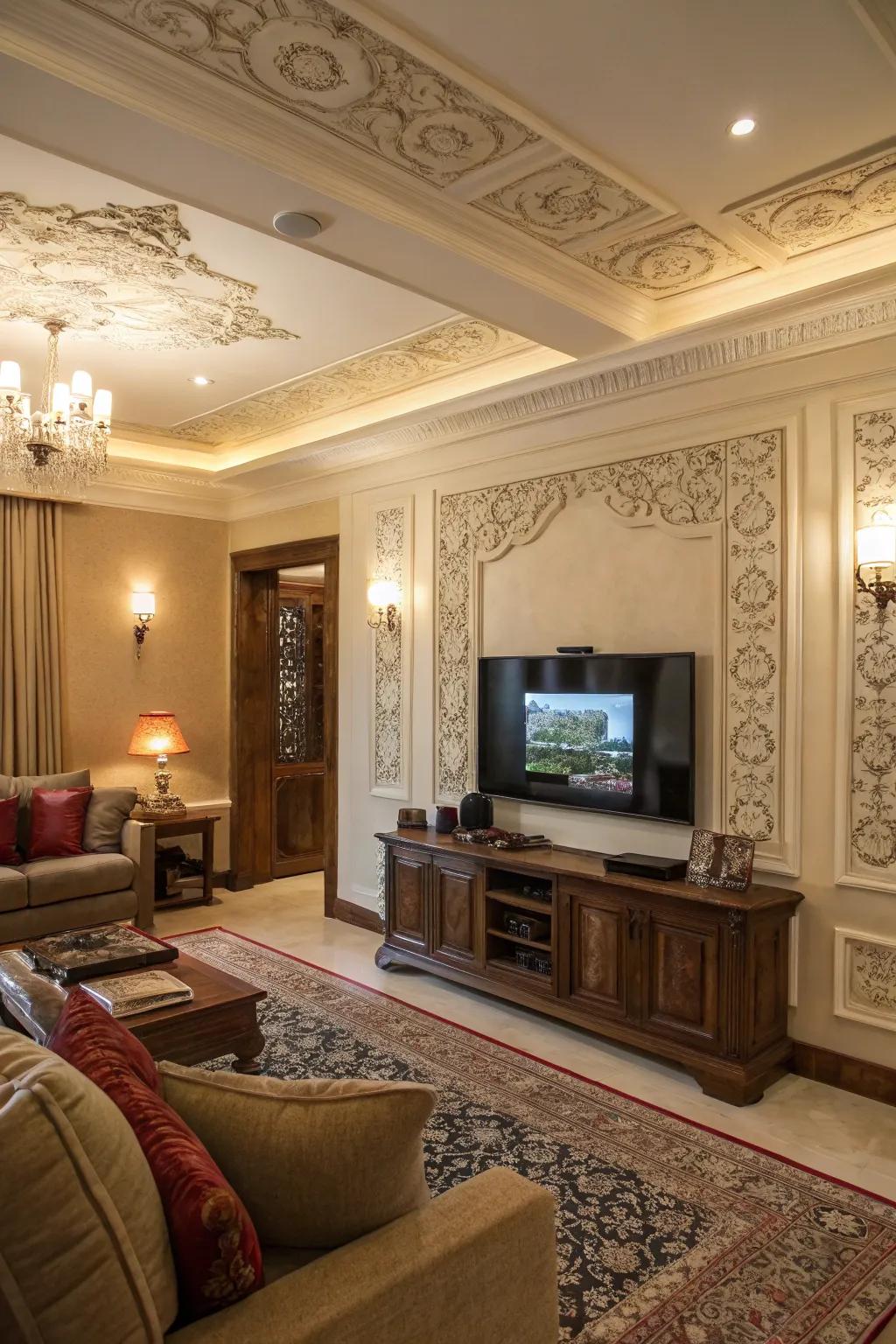 Ornamental molding frames the TV, giving it an artful presence.