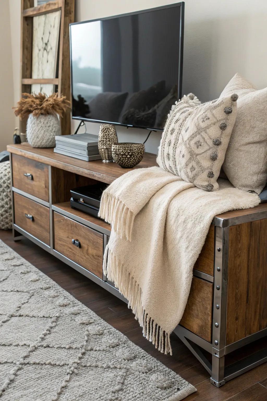 Textural diversity through blended materials on a TV stand.