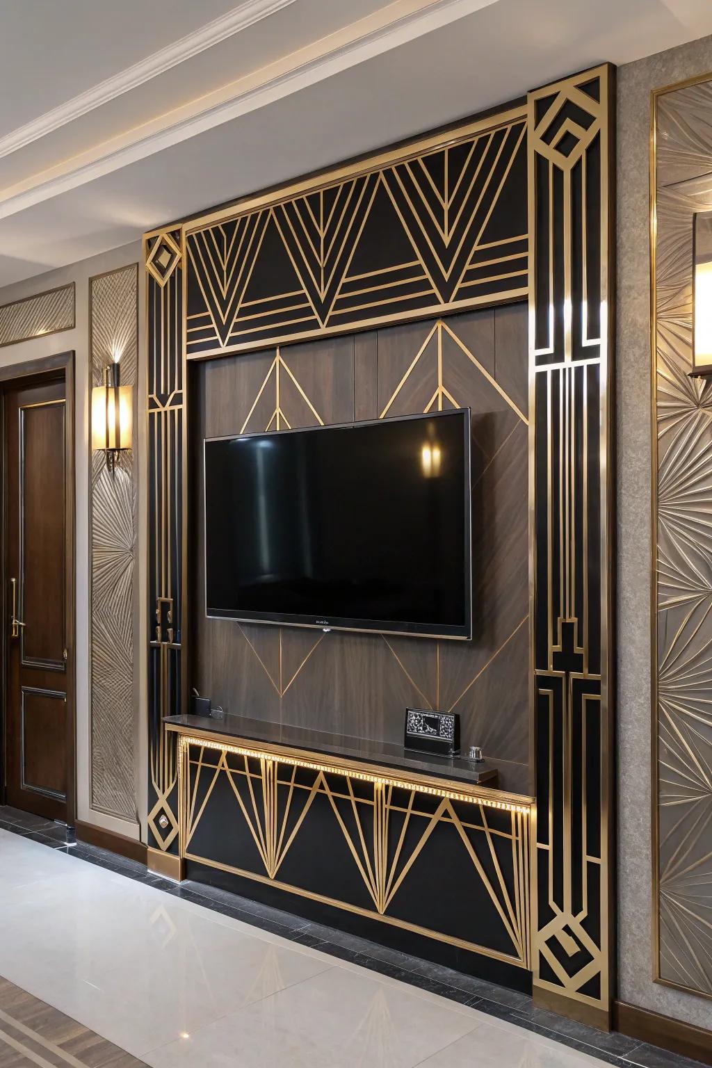 Art Deco elements infuse this TV wall with glamour and refinement.