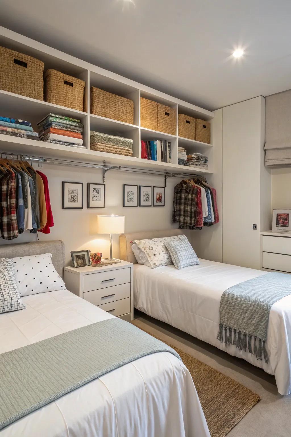 Wall storage helps twin bed rooms stay tidy and effective.