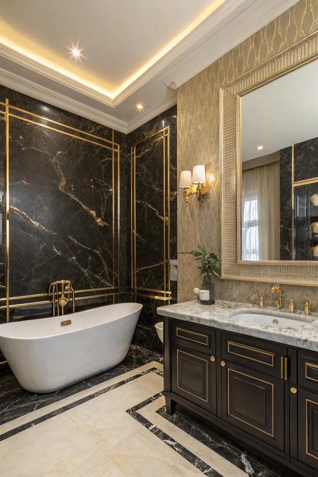 An unexpected black and gold two-tone wall design that adds a hint of glamour.