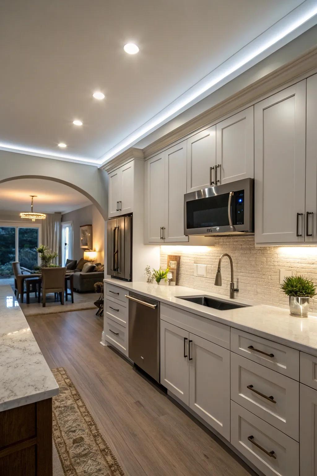 Smart-controlled lights introduce futuristic ease with kitchen illumination.