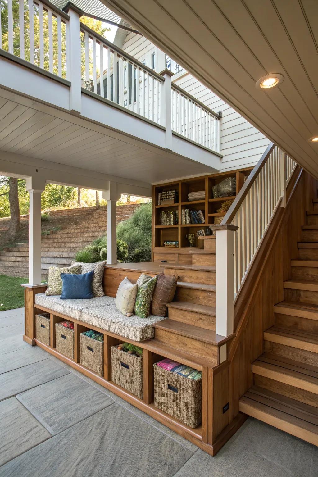 Ingeniously conceived multi-faceted deck steps for amplified utility.