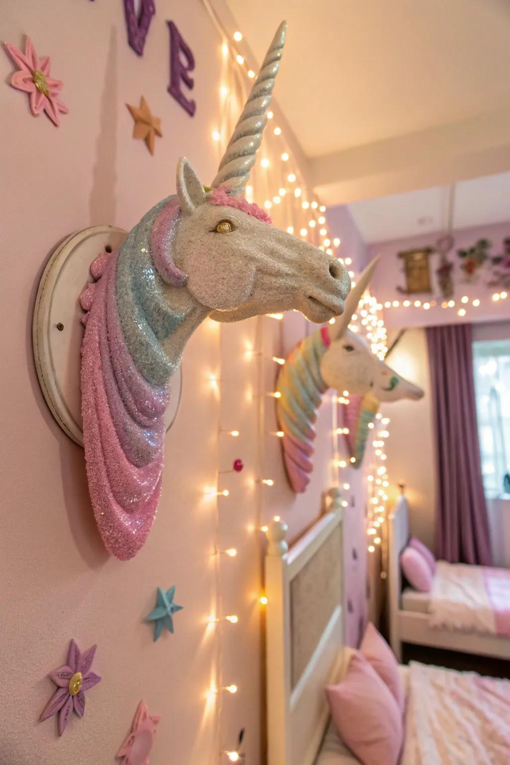 Decorative unicorn horns add a whimsical touch.