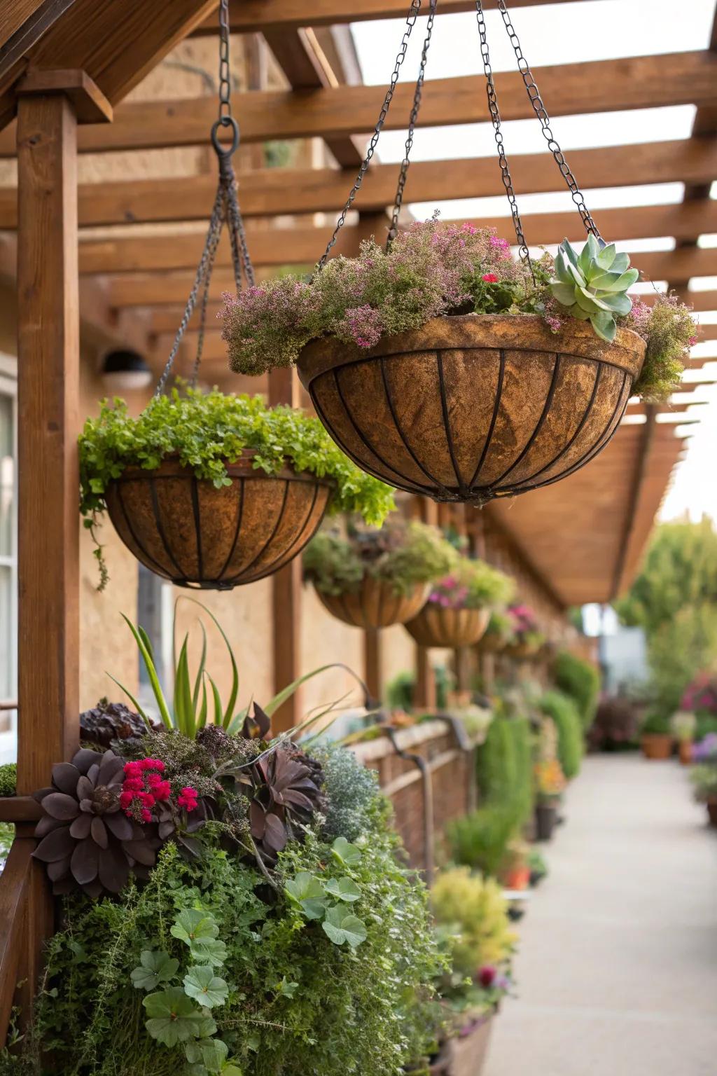 Hanging baskets fashion a breathtaking spectacle of suspended succulent sanctuaries.