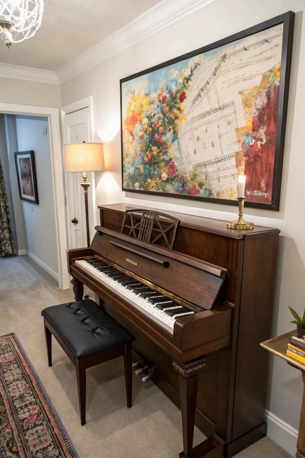 A room featuring an upright piano enhanced by a prominent piece of wall art.