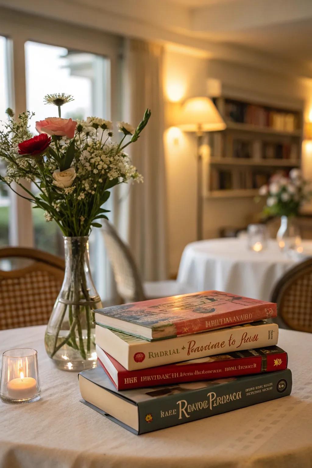 Books and flowers create a literary-themed centerpiece.