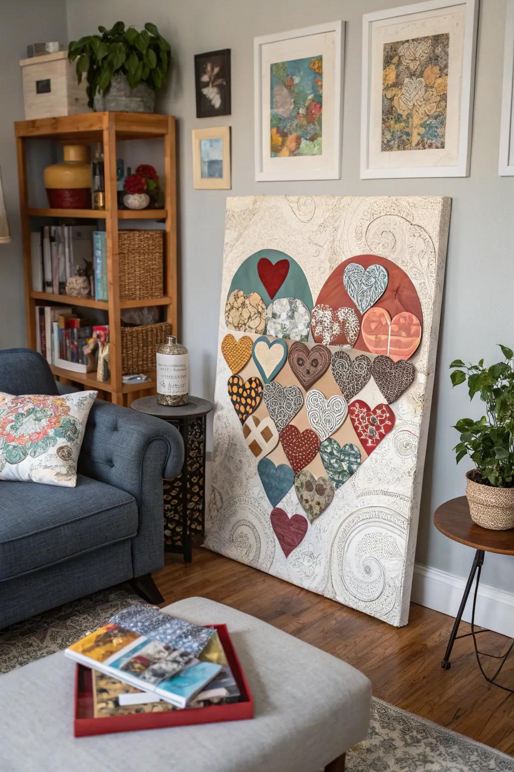 Heart collages infuse texture and diversity into the ornamentation.