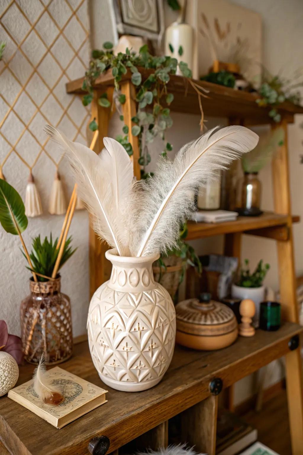 Introduce whimsy through down as vase ornamentation.