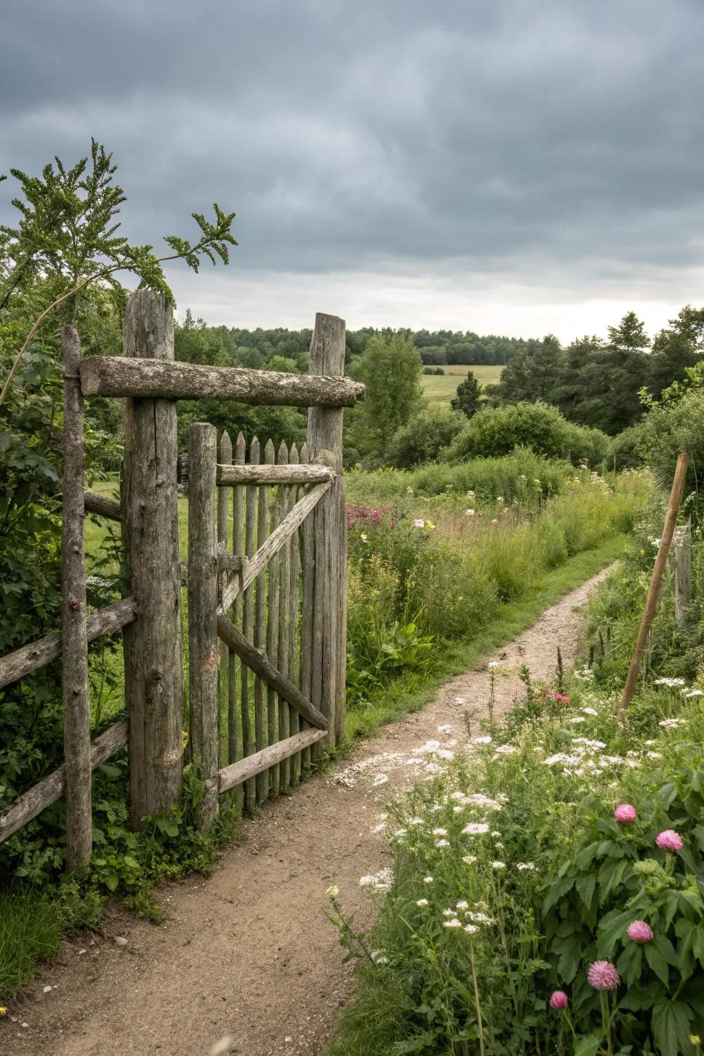 A rustic gate constructed from natural felled timbers.