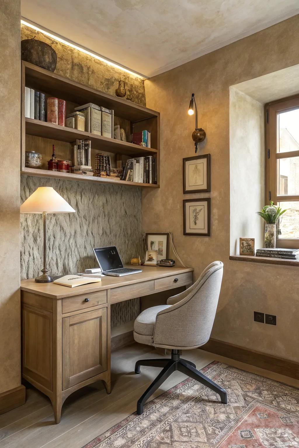 Find inspiration in a sophisticated study corner featuring plaster.
