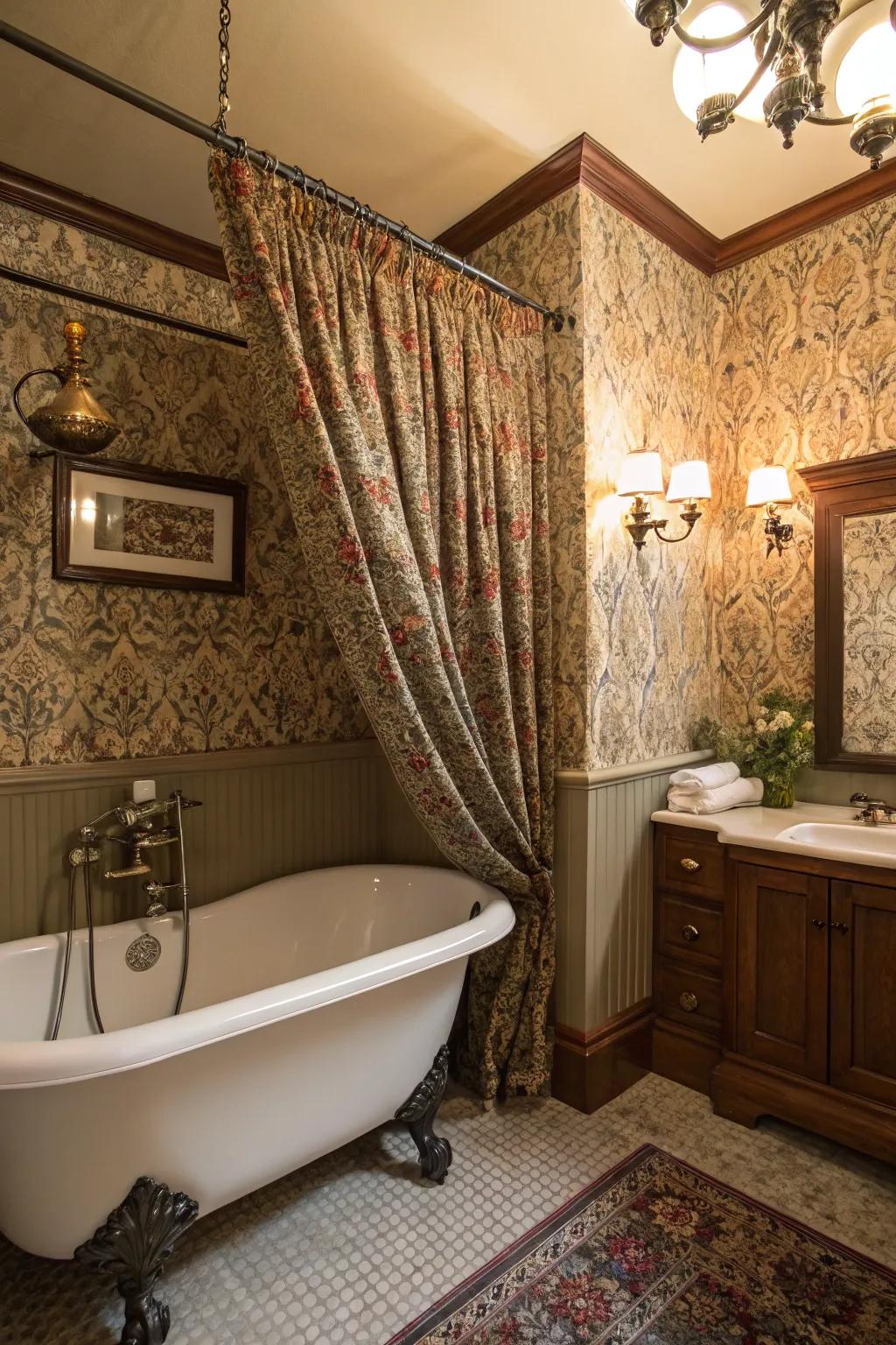 Patterned hangings introduce a sumptuous, layered design.