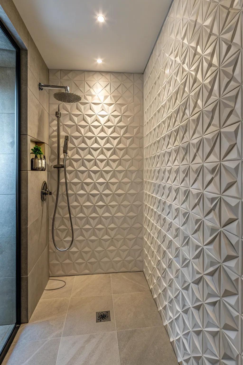 Carved tiles add depth and artistic flair to your shower.