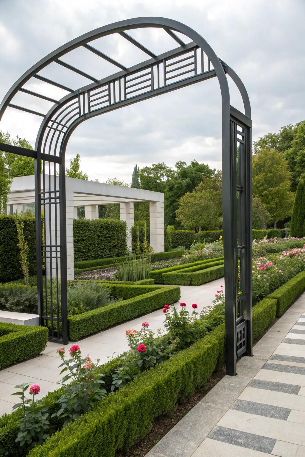 Geometric arches append an unexpected, attention-grabbing element to gardens.