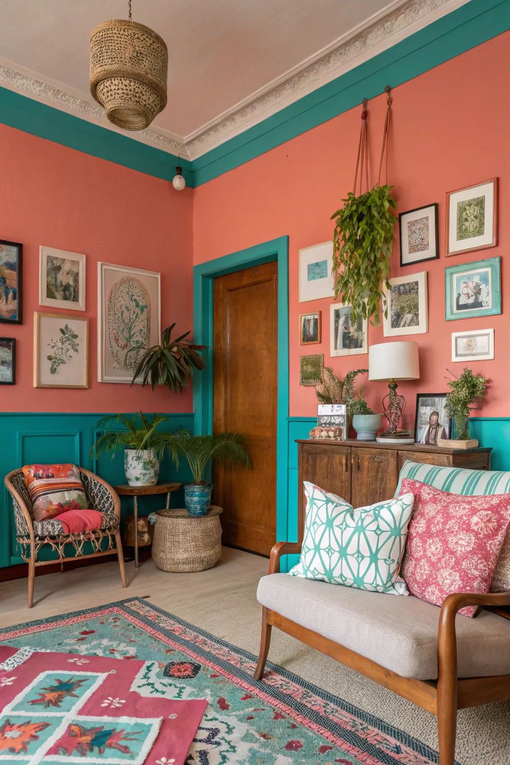 Daring and colorful featuring coral walls and sea-green trim.