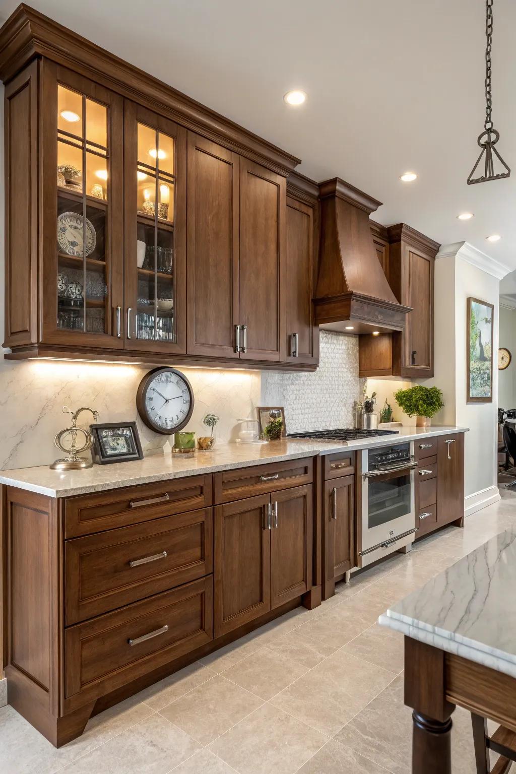 A blend of styles creates a unique walnut kitchen.