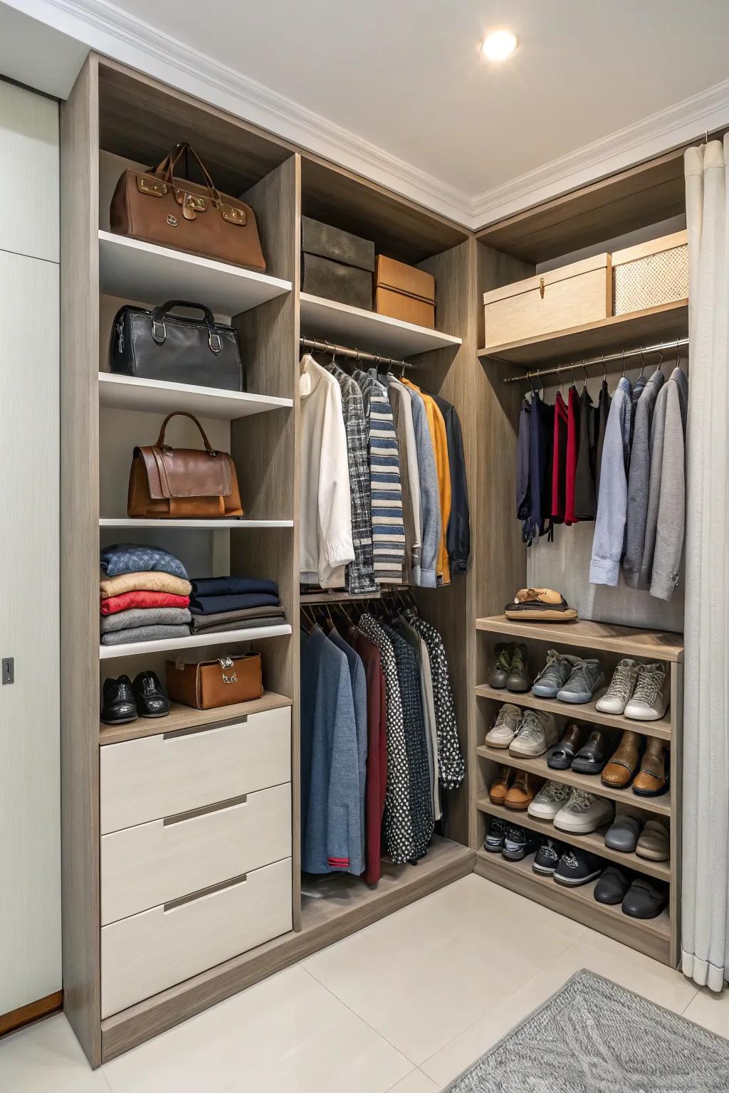 Bespoke solutions maximize corner areas in wardrobes.